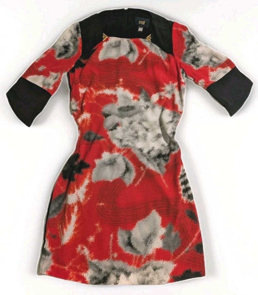 Cavalli Class Roberto Cavalli Dress Womens 44 US 8 Red Floral 3/4 Sleeve